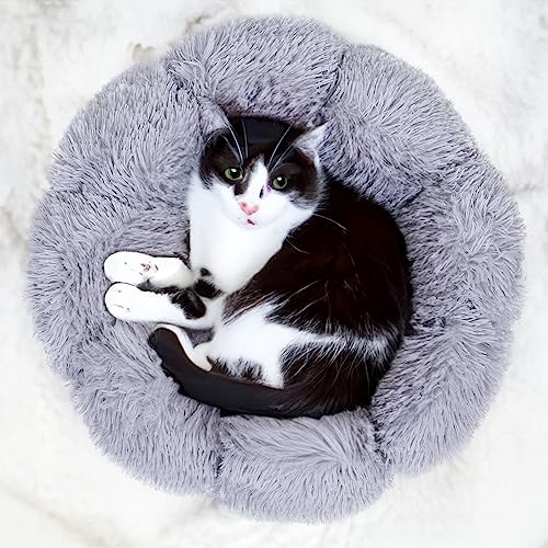 Lucky Monet Calming Cat Donut Bed, 20 Inch, Light Gray, Cotton, Polypropylene, Pet Bed Mat
