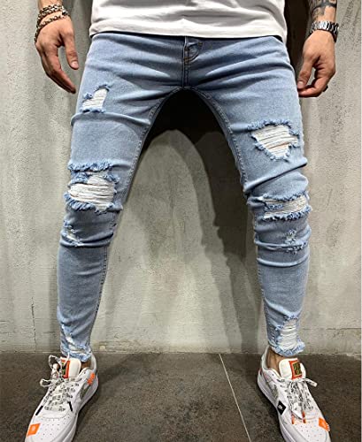 ebossy Mens Ripped Destroyed Jean Ditressed Slim Tapered Leg Washed Denim Pants2