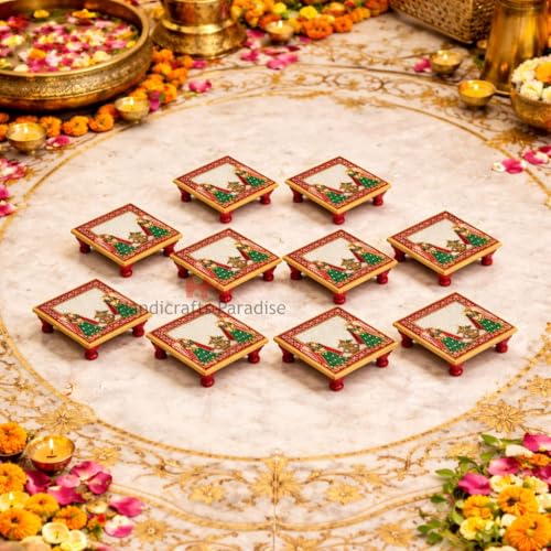 Image of Handicrafts Paradise (4 x 4 inch, Set of 10 Pc) Marble Pooja Chowki with Kalash (Multicolour) Home Mandir, Idols Statues Pratima, Home Decor Showpiece for Bulk Return Gifts
