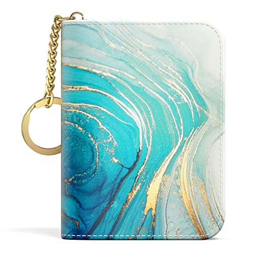 Image of Aiawoxc Credit Card Holder for Women, Small RFID Wallet Slim Leather Card Organizer Case with Zipper and Keychain, Cyan Marble