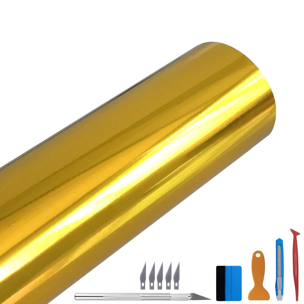 LZLRUN Chrome Mirror Gold Car Vinyl Wrap Self Adhesive Film 5ft x 10ft