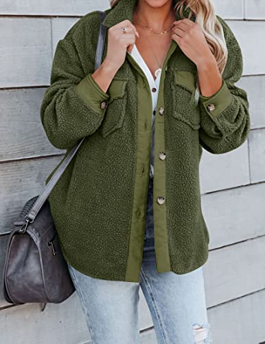 Zesica Womens Winter Casual Sherpa Fleece Jacket Long Sleeve Button Solid Warm Fuzzy Outwear Coat Pockets,Armygreen,Small #TOP1