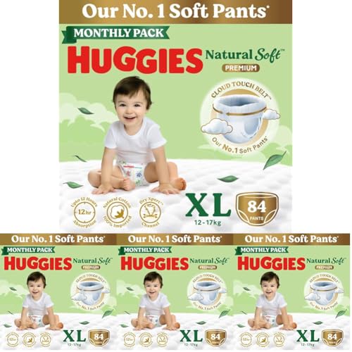 Image of Huggies Natural Soft Premium Baby Diaper Pants, Our No.1 Soft Pants, Extra Large (XL) Size (12-17 Kgs), Monthly Pack of 336 diapers | Cloud Softness All over with India's 1st Cloud Touch BeltTM (42 Count, Pack of 2)