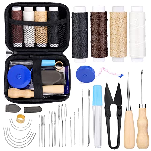 Kuppt Leder Nähen Set Lederhandwerk Werkzeug Set Leder Faden Wachsfaden mit Ledernadel, Nähahle, Fadenschere, Fingerhut, Maßband und Aufbewahrungstasche für Lederpolster reparatur, Handnähen
