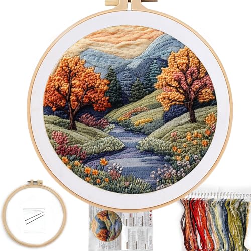 Image of FONNUY Embroidery Kit for Beginners, Boho Nature Landscape Pre-Stamped Pattern Kits for Adults with Hoop, Easy to Follow Color Thread Needlework, 8'' Hoop (Mountain Trail)