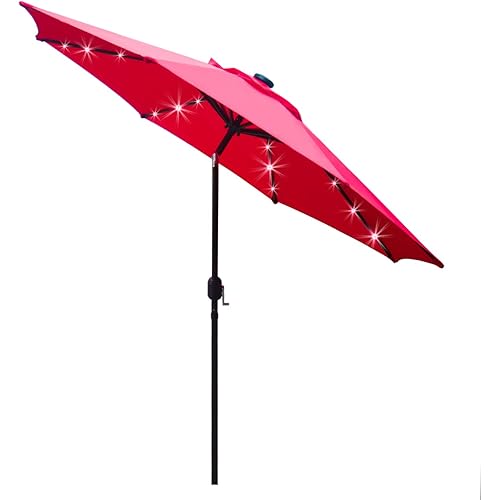 Sunnyglade 9' Solar LED Lighted Patio Umbrella with 8 Ribs/Tilt Adjustment and Crank Lift System (Red)