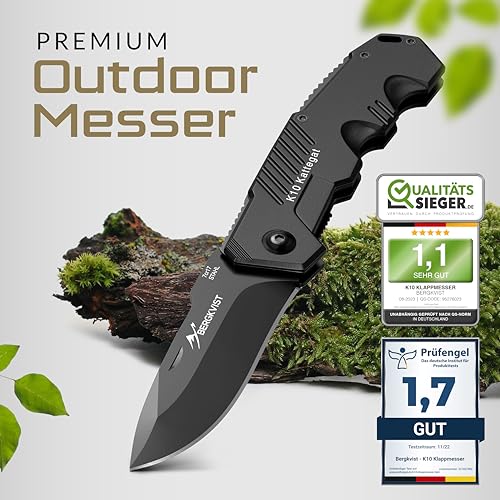BERGKVIST® K10 Klappmesser (Zweihandmesser) - scharfes Taschenmesser für Outdoor & Survival mit Feuerstahl & Tasche - Mitführen in Deutschland erlaubt - Vollmetall – Bild 3