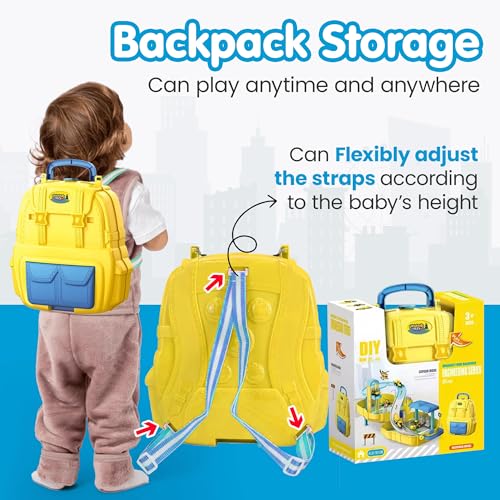 Image of Kidology 2-in-1 DIY Construction Vehicle Set of 4 - Alloy Adventure Cars, Parking Ramp Garage, Dual Handbag Backpack with Track, Montessori Toy for Toddlers & Kids, Birthday Gift for Boys & Girls