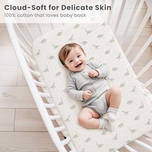 Image of Konssy 2 Pack Muslin Bassinet Sheets for Baby Boy, 100% Cotton Soft Breathable Bassinet Mattress Sheets Fit for Hourglass Oval Cradle Rectangle Mattress (Green Dino,Baby Green Plaid)