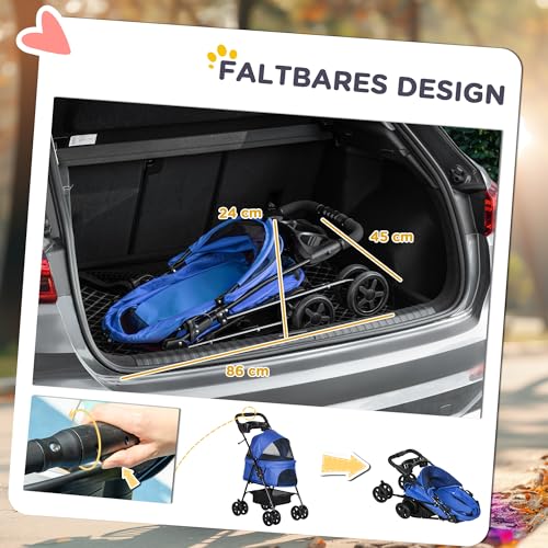 PawHut Hundewagen Hundebuggy mit Klappfunktion Pet Stroller für kleine Hunde und Katzen Haustierwagen Katzenbuggy Oxford Blau 67 x 45 x 96 cm
