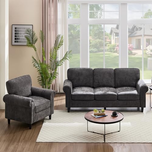 Image of Kingfun 3 Seater Couch with Chair, Mid Century Modern Sofa Set with Rolled Arms and Deep Seats, Fluffy Comfort for Living Room, Apartment, Easy Assembly, Grey