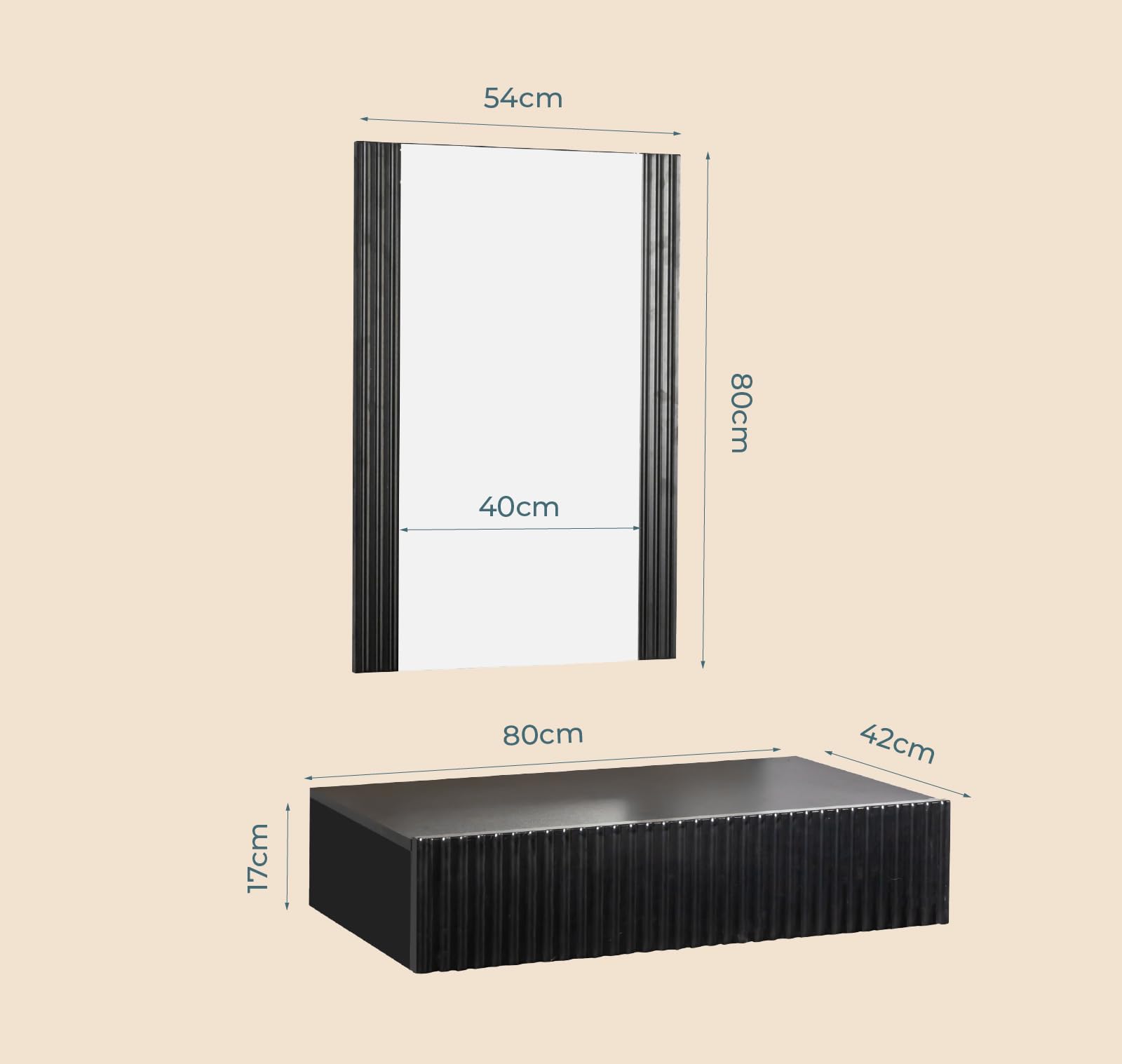 MB Muebles Bonitos, Recibidor Colgante con Espejo Amira, Mueble de Entrada con Cajón y Diseño Acanalado, Melamina y PVC, Color Negro, Ideal para Entradas y Pasillos