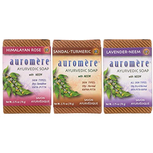 Auromere Ayurvedic Soap Variety Pack - 3 x 2.75oz Natural Soap Bars - Handmade Vegan Soap with Ayurvedic Herbs & Organic Neem