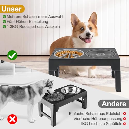 3-in-1 Hundenapf Erhöht mit Futternapf, Wassernapf Hund ohne Sabbern, Antischlingnapf Hunde, 5 Höhen Einstellbar Rhöhter Hundenapf, Faltbar Futternapf Hund Erhöht, Schwarz – Bild 6