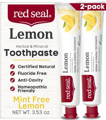Red Seal Fluoride Free Lemon Toothpaste - Flavored Toothpaste with a Non Mint Taste - Vegan Friendly, Cruelty Free, No Artificial Colors or Flavors, NATRUE Certified Natural, SLS Free, 3.53 oz (2)