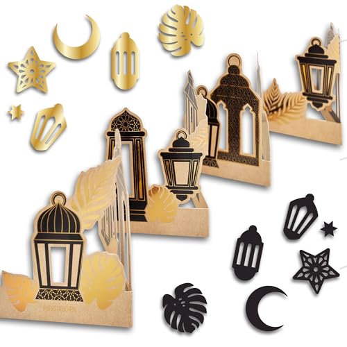 Papierdrachen Ramadan Decorazione da tavolo – Ghirlanda da appoggiare – con elegante motivo lanterne nero oro e con coriandoli da tavolo – Laminato oro – Eid Mubarak – Sugar fest