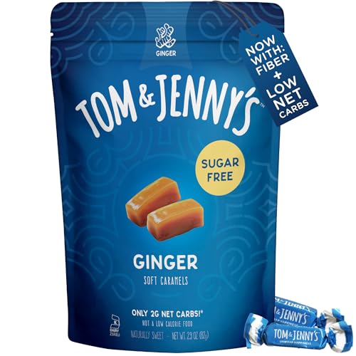 Tom & Jenny's Sugar Free Candy Soft Caramels Individually Wrapped - Sea Salt & Vanilla - Low Net Carb Keto Zero Sugar Candy with Allulose & Maltitol (Ginger Chewy Caramels) 1 Pack