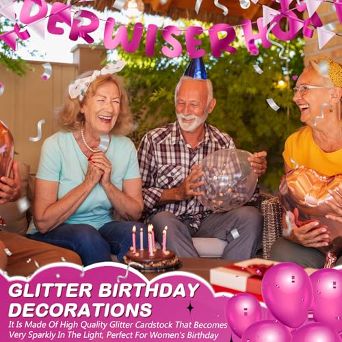 Image of Fulmoon Set of 3 Pre Strung Older Wiser Hotter Glitter Banner Funny Birthday Banner for Women 30th 40th 50th 60th 70th 80th Birthday Party Decorations Sign Gift(Bright Hot Pink)
