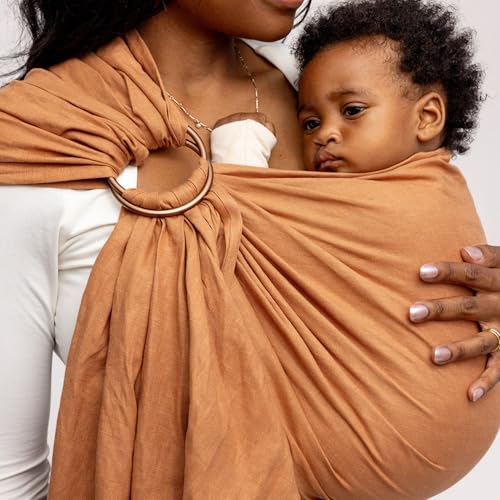 Image of WildBird - Ring Sling Baby Carrier - 0-36 Months (up to 35 lbs) - Long (90 inch) Willow & Gold Ring - Front, Hip or Back Carry - Adjustable Fit - Natural Linen - Baby Essentials - New Mom Gifts