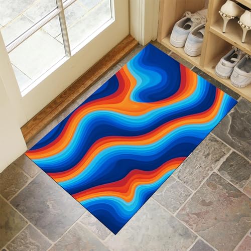 MULERN Felpudo de Abstractas, Alfombra Líneas Onduladas Retro para Entrada, Felpudo Entrada Casa 40x60cm, Alfombra de Puerta de Entrada, Lavables, Decorativo Casa, Azul