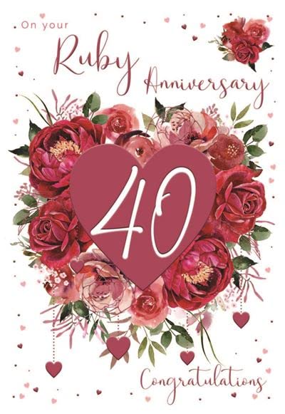 ICG 40th Milestone Ruby Anniversary Card - 40 Years - Red Roses and Peony Flowers with Hanging Foil Hearts - Made in England