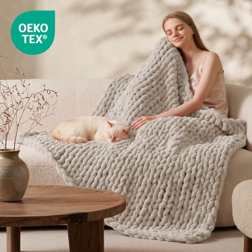 Image of L'AGRATY Chunky Knit Throw Blanket for Couch, 50 x 70 Inches, Light Taupe