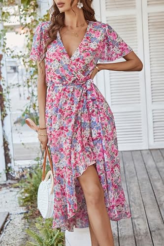 PRETTYGARDEN Women's Summer Floral Boho Maxi Dress Wrap Short Sleeve V Neck Ruffle A-Line Flowy Wedding Guest Long Dresses