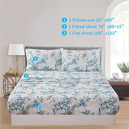Image of JSD Pink Blue Floral Printed King Sheet Set Extra Deep Pocket | 4 Piece Soft Botanical Microfiber Sheets, OEKO-TEX Certified, Easy Care
