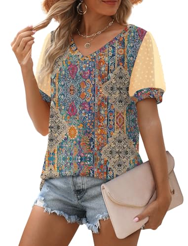 Image of Aokosor Womens Summer Tops V Neck T Shirts Swiss Dot Puff Sleeve Tops Loose Casual Tshirts