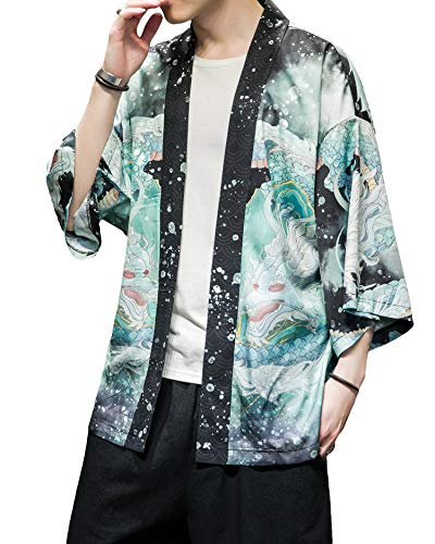 Image of Men's Japanese Kimono Robe Jacket Lightweight 3 /4 Sleeve Open Front Yukata | Silky Smooth Fashion Print Happi Coat Lightweight Breathable Loose Unisex Haori Casual Summer Cardigan Daily Beach Vacation