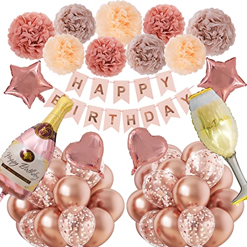 Rubfac Birthday Decorations Rose Gold Balloons， Birthday Decorations For Women And Girls, Rose Gold Party Decorations Set,Happy Birthday Banner, Metallic Rose Gold Confetti Balloons, Foil Balloons #TOP17