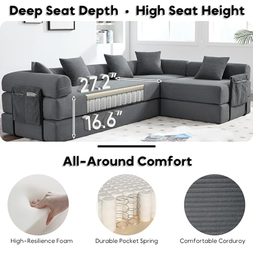Image of L-Shape Modular Sectional Sofa Bed, Corduroy Boneless Couch, Grey
