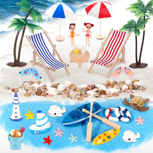 Amzeeniu Strand-Mikrolandschaft 42 Stück Mini-Stranddekorationen Miniliegestuhl Kleine Palme Deko Muscheln Deko Schildkröte Deko für DIY Zen Garten Dekoration Einzigartiges Geschenk Surfbrett deko