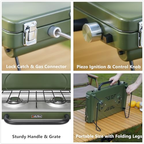 ONLYFIRE-Portable-Camping-Stove-2-Burner-Propane-Camp-Stove-with-Foldable-Legs-Camping-Grill-Stove-with-Adjustable-Burners-Heavy-Duty-Latch-Handle-for-Camping-Tailgating-RV-BBQ-Green