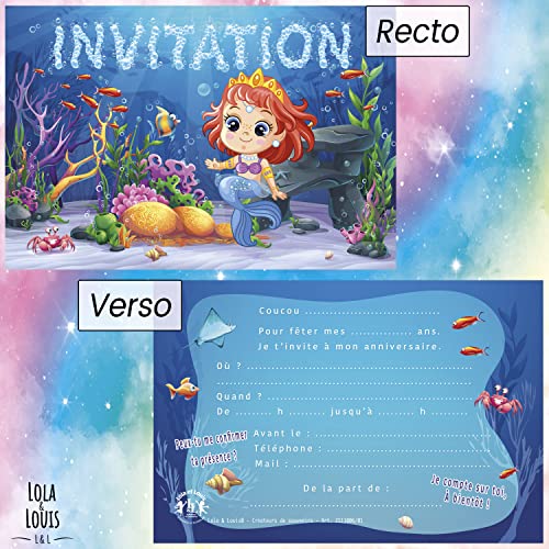 10 cartes invitation anniversaire en Français • 10 enveloppes • Sirène, Princesse • Pour inviter filles et garçons… - Image 3