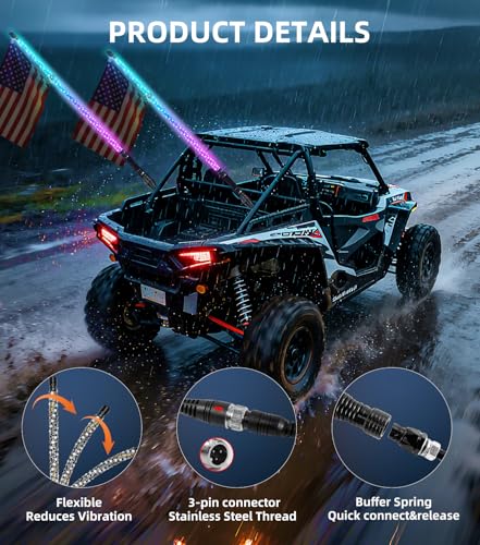 Image of ZIMABLUE 2PC 4FT Whip Lights for Side by Side, App & Remote Control RGB Chasing Lighted Whips with 3 Switchs for ATV UTV Dune Buggy Truck,LED Whips Compatible with Polaris RZR Can-Am Maverick X3