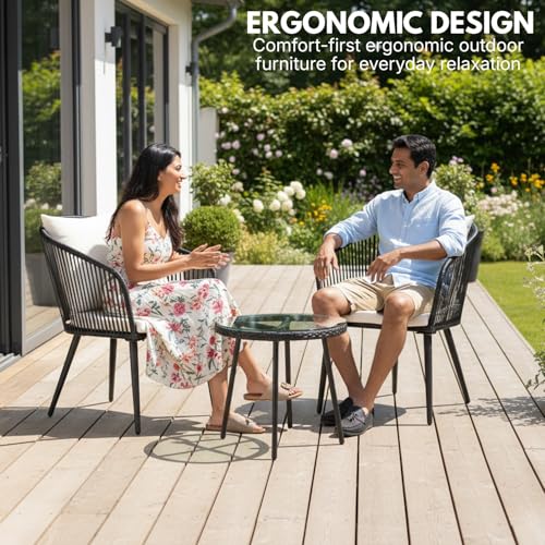 Image of DEVOKO 3 Piece Patio Wicker Bistro Set Durable and Stylish Furniture Ideal for Terrace, Garden, Balcony, Porch, Deck and Yard (Black and White)