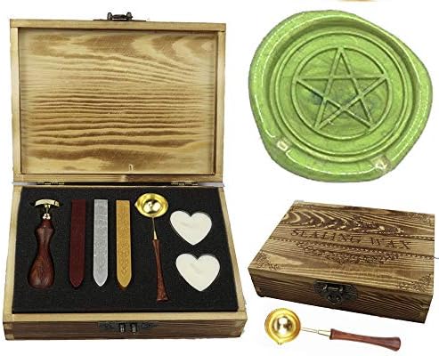 MNYRStar Pentagram 5 Star Pointed Symbol Classic Comic Wax Seal Stamp Sealing Wax Sticks Candle Melting Spoon Wood Gift Box Set Wedding Invitations Christmas Card Gift Pack Sealing Wax Seal Stamp Set
