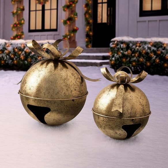 Oversized Jingle Bell Décor Set of 2 with Antique Finish, Large and Medium Bells for Indoor Outdoor Christmas Decoration, Nesting Design with Stands (Gold)