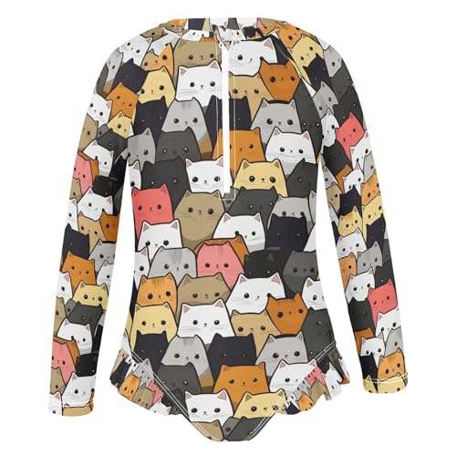 ALAZA Hipster Color Cat Kitten Girls One Piece Swimsuit Long Sleeve Rash Guard Swimsuits UV 50+ Swimwear Zipper2