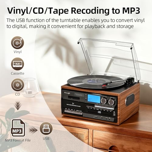 Image of Record Player Built-in Speakers 10 in 1 Vintage Turntable with CD Cassette Tape Player AM FM Radio Function 3 Speed BT Input Output LP Player Support USB SD AUX RCA Playback Auto Stop Retro Wood Brown