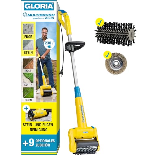 GLORIA MultiBrush speedcontrol PLUS I Elektrische Reinigungsbürste für Stein, Fugen, Holz, Kanten & Rasen | Für Terrasse, Wege & Garten | 11-in-1 Oberflächenbürste | Inkl. Fugenbürste & Steinreiniger