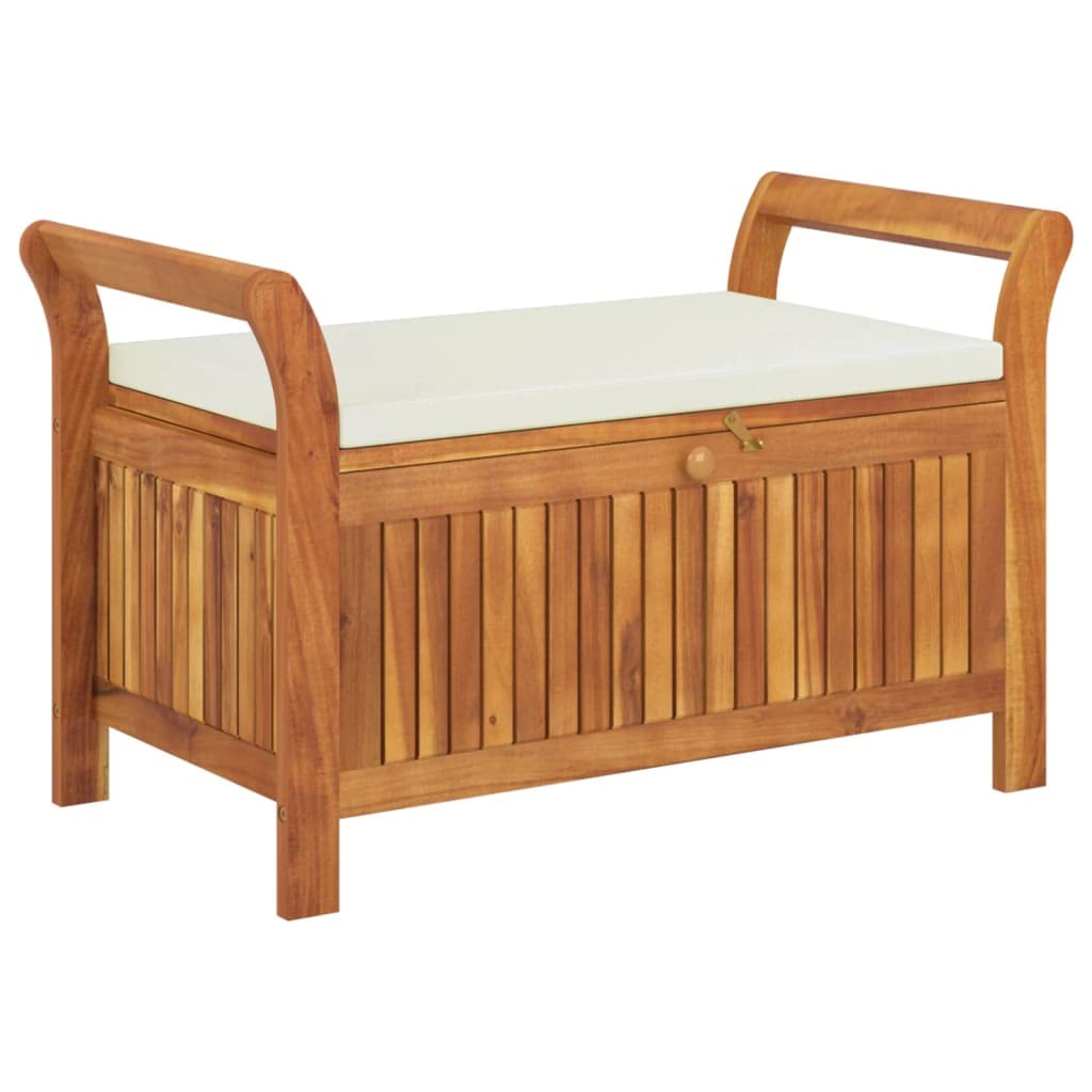 Banc de Rangement Extérieur en Bois D'acacia avec Coussin Coffre de Rangement Jardin Coffre à Coussin (Blanc crème,91 x 50 x 60 cm)