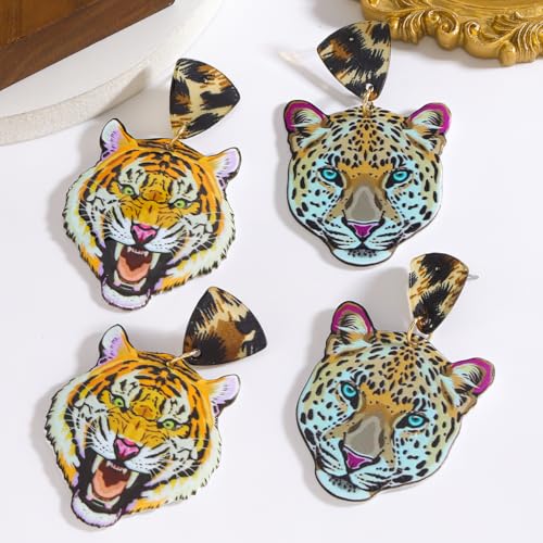 2 Pairs of Acrylic Tiger Leopard Head Earrings Set for Women, Exaggerated Bold Animal Print Dangle Earrings, Lightweight Statement Jewelry for Casual Party Wear2