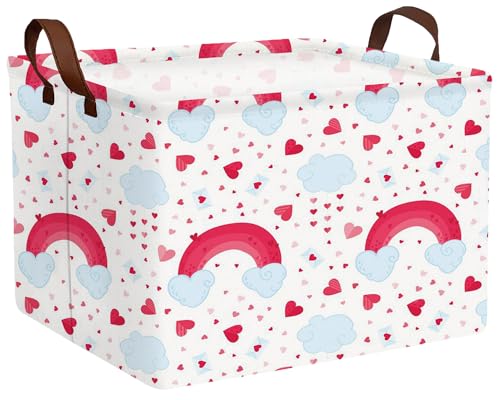 Image of Valentines Day Basket Large Foldable Heart Shaped Storage Box for Gifts Kids Empty Storage Bins Rectangular Toy Organizer Decor (Rainbow Love)