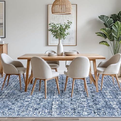 8x10 Area Rug Blue, Vintage Floral Large Washable Rug for Living Room Non-Slip Ultra Soft Bedroom Rug Tribal Traditional Farmhouse Carpet for Dining Room Office Home Décor