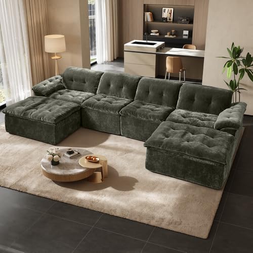 Image of 157 inch Oversized U Shaped Sectional Cloud Couch, Large Modern Cloud Sectional Couch with Ottoman, Chenille 6 Seat Sofa Set, Modular Sectional Sofa for Living Room, No Assembly Required, Green