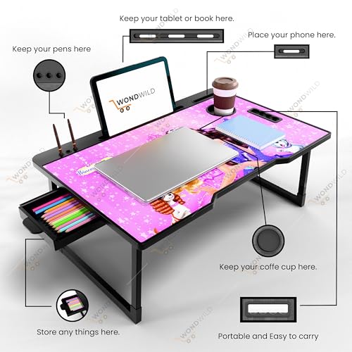 Image of WONDWILD Smart Multipurpose Foldable Laptop Table with Cup Holder, Study Table, Bed Table, Breakfast Table, Foldable and Portable /Ergonomic & Rounded Edges /Non-Slip Legs (ABS BB)