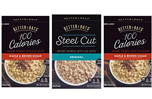 BETTER OATS STEEL CUT INSTANT OATMEAL WITH FLAX SEEDS, MAPLE AND BROWN SUGAR 100 CALORIE INSTANT OATMEAL WITH FLAX SEEDS AND CINNAMON ROLL 100 CALORIE INSTANT OATMEAL WITH FLAX SEEDS
