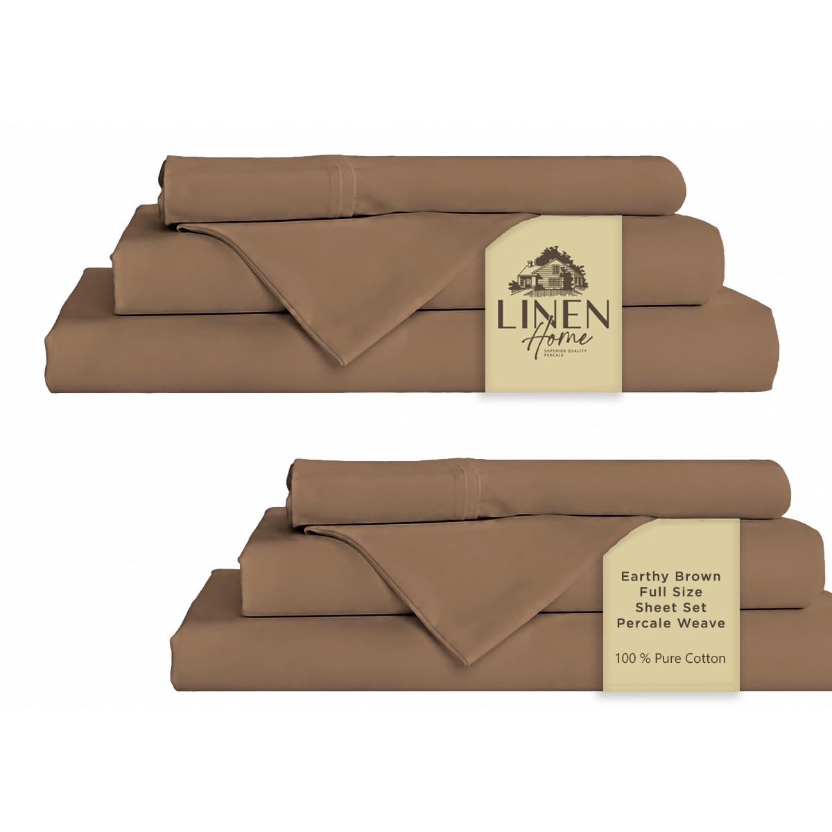 Linen Home 2-Pack Full Sheet Set, 100% Cotton Percale Bedding, 8-Piece Value Bundle, Deep Pocket Cooling Bed Sheets for Hot Sleepers, Breathable &amp; Crisp Hotel Quality, Long-Staple Cotton, Earthy Brown